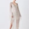 Karen Millen Sheer Crystal Embellished Kimono Sleeve Fringe Maxi -Karen Millen shop ivory sheer crystal embellished kimono sleeve fringe maxi
