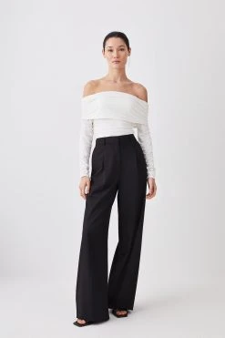 Karen Millen Slinky Jersey Ruched Bardot Bodysuit -Karen Millen shop ivory slinky jersey ruched bardot bodysuit 2