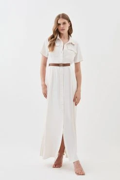 Karen Millen Soft Tailored Pleat Panel Midi Shirt Dress -Karen Millen shop ivory soft tailored pleat panel midi shirt dress 1