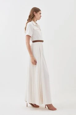 Karen Millen Soft Tailored Pleat Panel Midi Shirt Dress -Karen Millen shop ivory soft tailored pleat panel midi shirt dress 3