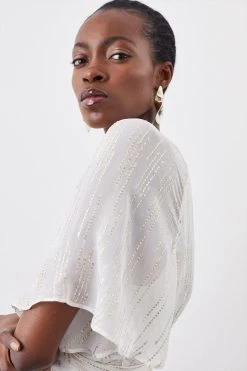 Karen Millen Sparkle Iridescent Wrap Front Woven Blouse -Karen Millen shop ivory sparkle iridescent wrap front woven blouse 1