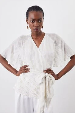 Karen Millen Sparkle Iridescent Wrap Front Woven Blouse -Karen Millen shop ivory sparkle iridescent wrap front woven blouse 2