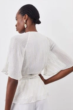 Karen Millen Sparkle Iridescent Wrap Front Woven Blouse -Karen Millen shop ivory sparkle iridescent wrap front woven blouse 3