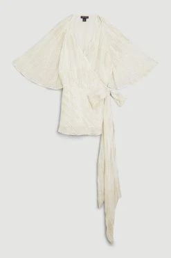 Karen Millen Sparkle Iridescent Wrap Front Woven Blouse -Karen Millen shop ivory sparkle iridescent wrap front woven blouse 4