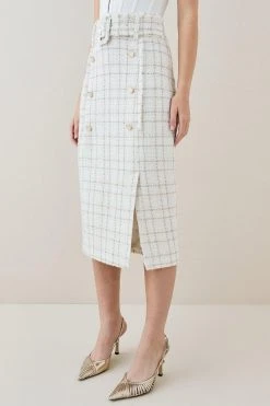 Karen Millen Sparkle Tweed Button Pencil Skirt -Karen Millen shop ivory sparkle tweed button pencil skirt 1 4