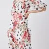 Karen Millen Spot Floral Chiffon Square Neck Ruffle Maxi Dress -Karen Millen shop ivory spot floral chiffon square neck ruffle maxi dress