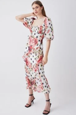 Karen Millen Spot Floral Chiffon Square Neck Ruffle Maxi Dress -Karen Millen shop ivory spot floral chiffon square neck ruffle maxi dress 1 2