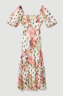 Karen Millen Spot Floral Chiffon Square Neck Ruffle Maxi Dress -Karen Millen shop ivory spot floral chiffon square neck ruffle maxi dress 1 3