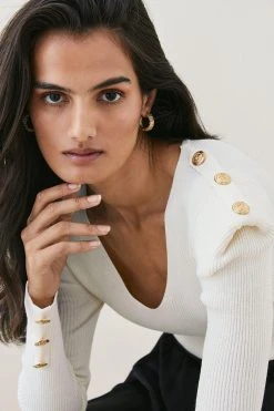 Karen Millen Strong Shoulder V Neck Military Rib Knit Top -Karen Millen shop ivory strong shoulder v neck military rib knit top 1