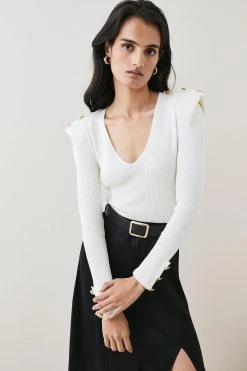 Karen Millen Strong Shoulder V Neck Military Rib Knit Top -Karen Millen shop ivory strong shoulder v neck military rib knit top 2