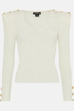 Karen Millen Strong Shoulder V Neck Military Rib Knit Top -Karen Millen shop ivory strong shoulder v neck military rib knit top 3