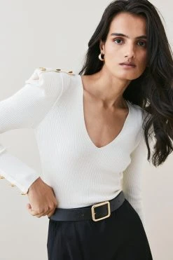 Karen Millen Strong Shoulder V Neck Military Rib Knit Top -Karen Millen shop ivory strong shoulder v neck military rib knit top 5