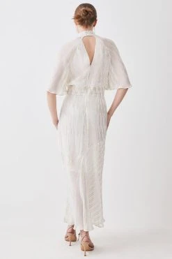 Karen Millen Tall Metallic Thread Angel Sleeve Woven Midi Dress -Karen Millen shop ivory tall metallic thread angel sleeve woven midi dress 1