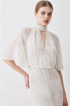 Karen Millen Tall Metallic Thread Angel Sleeve Woven Midi Dress -Karen Millen shop ivory tall metallic thread angel sleeve woven midi dress 3