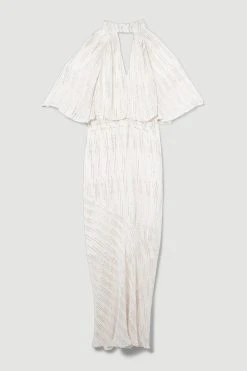Karen Millen Tall Metallic Thread Angel Sleeve Woven Midi Dress -Karen Millen shop ivory tall metallic thread angel sleeve woven midi dress 4