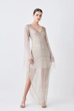 Karen Millen Tall Sheer Crystal Embellished Kimono Sleeve Fringe Maxi 8 Karen Millen Tall Sheer Crystal Embellished Kimono Sleeve Fringe Maxi -Karen Millen shop ivory tall sheer crystal embellished kimono sleeve fringe maxi 2