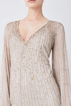 Karen Millen Tall Sheer Crystal Embellished Kimono Sleeve Fringe Maxi