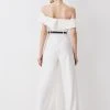 Karen Millen Tall Structured Crepe Bardot Belted Wide Leg Jumpsuit -Karen Millen shop ivory tall structured crepe bardot belted wide leg jumpsuit