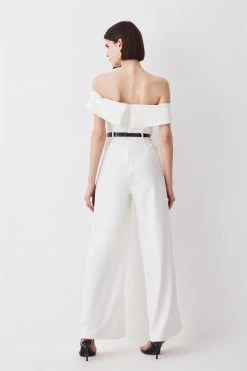 Karen Millen Tall Structured Crepe Bardot Belted Wide Leg Jumpsuit