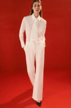 Karen Millen The Founder Petite Compact Stretch Waistband Detail Straight Leg Trouser -Karen Millen shop ivory the founder petite compact stretch waistband detail straight leg trouser 1