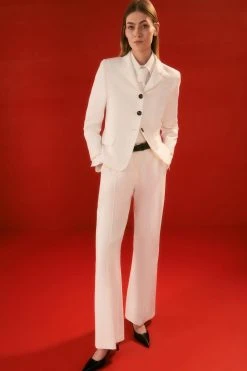 Karen Millen The Founder Petite Compact Stretch Waistband Detail Straight Leg Trouser -Karen Millen shop ivory the founder petite compact stretch waistband detail straight leg trouser 3