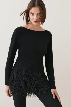 Karen Millen V Back Feather Hem Swing Jumper -Karen Millen shop ivory v back feather hem swing jumper 1 3