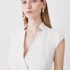 Karen Millen V Neck Wrap Detail Woven Midi Dress -Karen Millen shop ivory v neck wrap detail woven midi dress