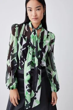 Karen Millen Jigsaw Geo Georgette Tie Neck Blouse -Karen Millen shop jigsaw geo georgette tie neck blouse 5