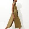 Karen Millen Cotton Sateen Sleeevless Utility Pocket Belted Midi Dress -Karen Millen shop khaki cotton sateen sleeevless utility pocket belted midi dress