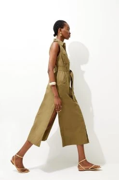 Karen Millen Cotton Sateen Sleeevless Utility Pocket Belted Midi Dress