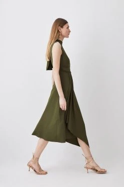 Karen Millen Drape Detail Soft Tailored Midi Dress -Karen Millen shop khaki drape detail soft tailored midi dress 2