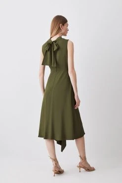 Karen Millen Drape Detail Soft Tailored Midi Dress -Karen Millen shop khaki drape detail soft tailored midi dress 3