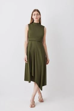 Karen Millen Drape Detail Soft Tailored Midi Dress -Karen Millen shop khaki drape detail soft tailored midi dress 5