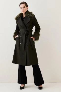 Karen Millen Italian Virgin Wool Faux Fur Collar And Cuff Belted Wrap Coat -Karen Millen shop khaki italian virgin wool faux fur collar and cuff belted wrap coat 1 3
