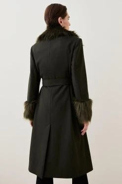 Karen Millen Italian Virgin Wool Faux Fur Collar And Cuff Belted Wrap Coat -Karen Millen shop khaki italian virgin wool faux fur collar and cuff belted wrap coat 1 4
