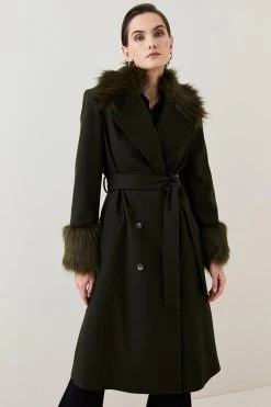 Karen Millen Italian Virgin Wool Faux Fur Collar And Cuff Belted Wrap Coat -Karen Millen shop khaki italian virgin wool faux fur collar and cuff belted wrap coat 1 5