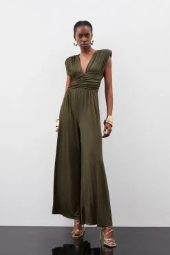 Karen Millen Jersey Crepe Plunge Jersey Jumpsuit -Karen Millen shop khaki jersey crepe plunge jersey jumpsuit 2