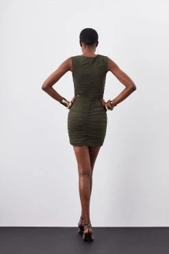 Karen Millen Mesh Ruched Mini Dress -Karen Millen shop khaki mesh ruched mini dress 2
