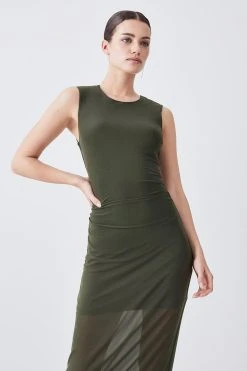 Karen Millen Petite Mesh Ruched Sleeveless Midaxi Dress -Karen Millen shop khaki petite mesh ruched sleeveless midaxi dress 3
