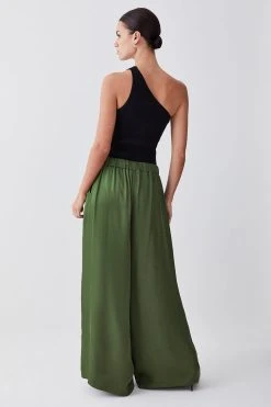 Karen Millen Petite Satin Viscose Wide Leg Woven Trousers 10 Karen Millen Petite Satin Viscose Wide Leg Woven Trousers -Karen Millen shop khaki petite satin viscose wide leg woven trousers 3