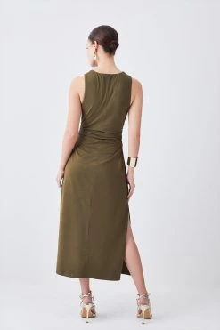 Karen Millen Petite Stretch Cotton Jersey Column Midi Dress -Karen Millen shop khaki petite stretch cotton jersey column midi dress 3