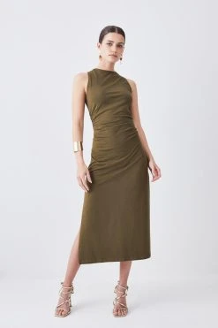Karen Millen Petite Stretch Cotton Jersey Column Midi Dress -Karen Millen shop khaki petite stretch cotton jersey column midi dress 4