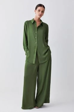 Karen Millen Petite Viscose Satin Woven Boyfriend Shirt -Karen Millen shop khaki petite viscose satin woven boyfriend shirt 1