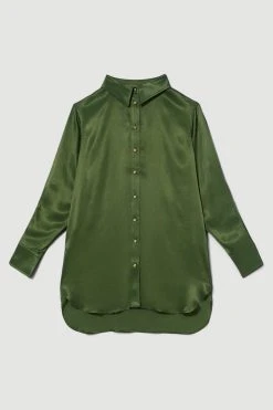 Karen Millen Petite Viscose Satin Woven Boyfriend Shirt -Karen Millen shop khaki petite viscose satin woven boyfriend shirt 3