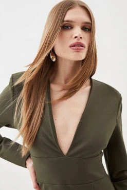 Karen Millen Ponte Plunge Side Split Maxi Dress -Karen Millen shop khaki ponte plunge side split maxi dress 1