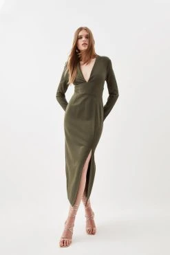Karen Millen Ponte Plunge Side Split Maxi Dress -Karen Millen shop khaki ponte plunge side split maxi dress 3