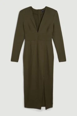 Karen Millen Ponte Plunge Side Split Maxi Dress -Karen Millen shop khaki ponte plunge side split maxi dress 4
