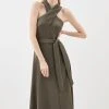 Karen Millen Relax Tailored Notch Neck Belted Midi Dress -Karen Millen shop khaki relax tailored notch neck belted midi dress