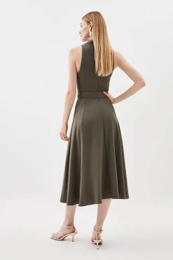 Karen Millen Relax Tailored Notch Neck Belted Midi Dress -Karen Millen shop khaki relax tailored notch neck belted midi dress 4