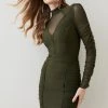 Karen Millen Ruched Mesh Funnel Neck Bandage Mini Dress -Karen Millen shop khaki ruched mesh funnel neck bandage mini dress